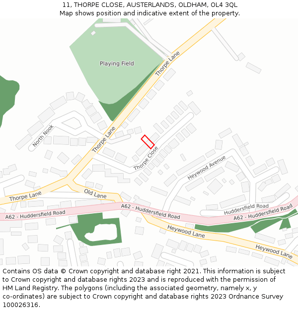 11, THORPE CLOSE, AUSTERLANDS, OLDHAM, OL4 3QL: Location map and indicative extent of plot