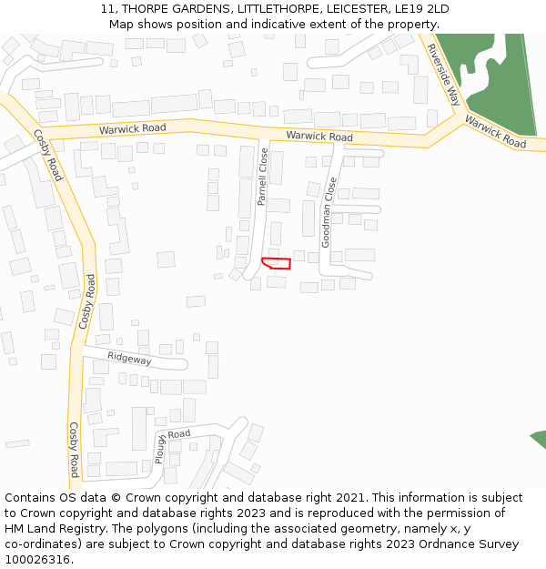 11, THORPE GARDENS, LITTLETHORPE, LEICESTER, LE19 2LD: Location map and indicative extent of plot