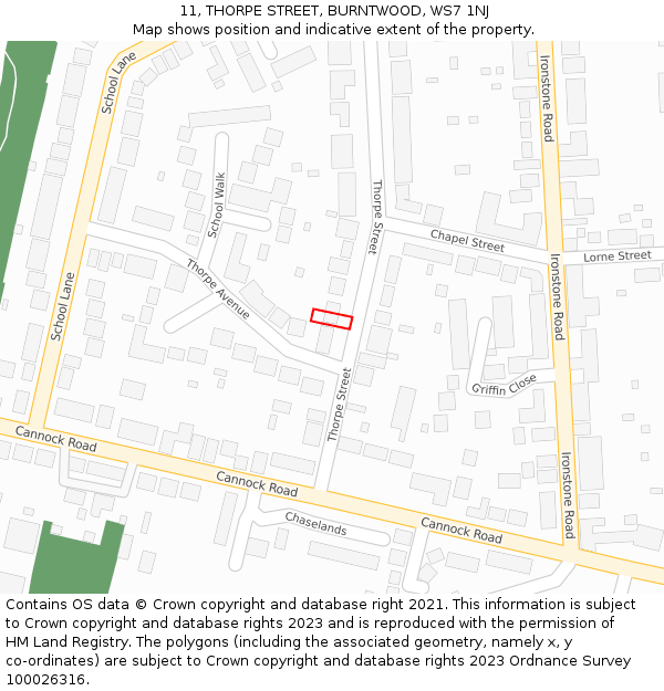 11, THORPE STREET, BURNTWOOD, WS7 1NJ: Location map and indicative extent of plot