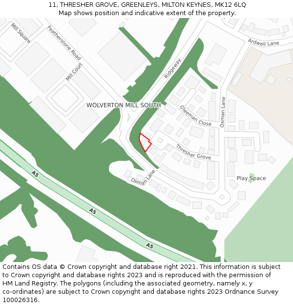 11, THRESHER GROVE, GREENLEYS, MILTON KEYNES, MK12 6LQ: Location map and indicative extent of plot