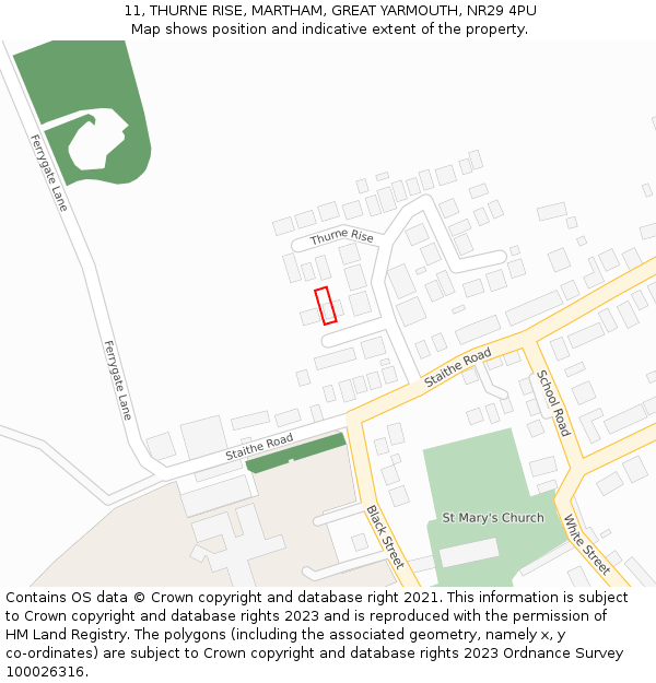 11, THURNE RISE, MARTHAM, GREAT YARMOUTH, NR29 4PU: Location map and indicative extent of plot