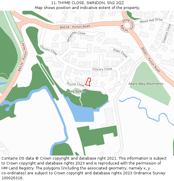 11, THYME CLOSE, SWINDON, SN2 2QZ: Location map and indicative extent of plot