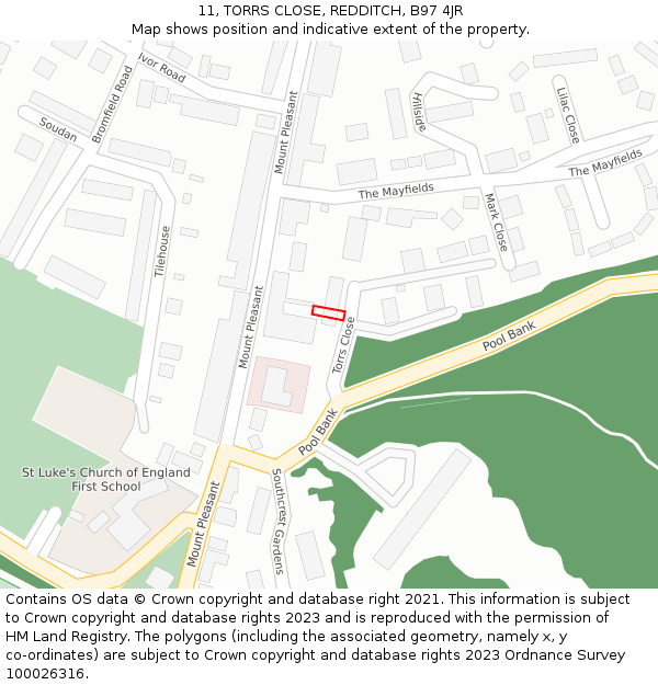 11, TORRS CLOSE, REDDITCH, B97 4JR: Location map and indicative extent of plot