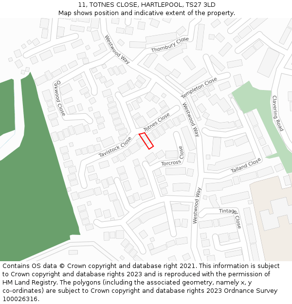 11, TOTNES CLOSE, HARTLEPOOL, TS27 3LD: Location map and indicative extent of plot