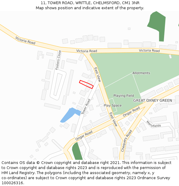 11, TOWER ROAD, WRITTLE, CHELMSFORD, CM1 3NR: Location map and indicative extent of plot