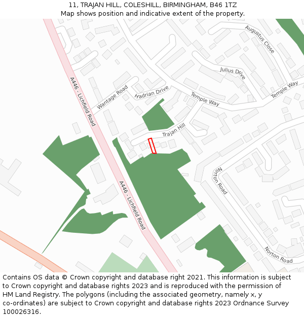 11, TRAJAN HILL, COLESHILL, BIRMINGHAM, B46 1TZ: Location map and indicative extent of plot