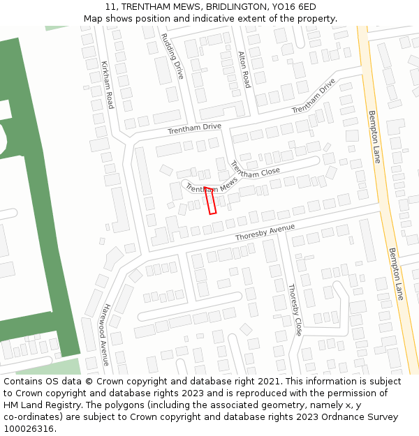 11, TRENTHAM MEWS, BRIDLINGTON, YO16 6ED: Location map and indicative extent of plot