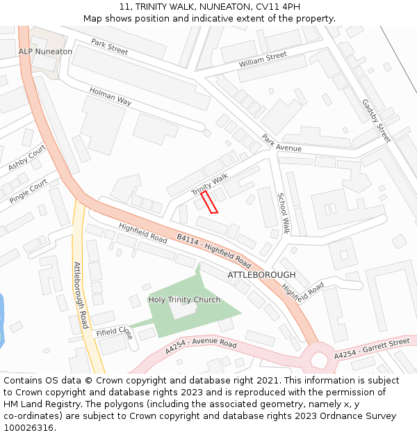 11, TRINITY WALK, NUNEATON, CV11 4PH: Location map and indicative extent of plot