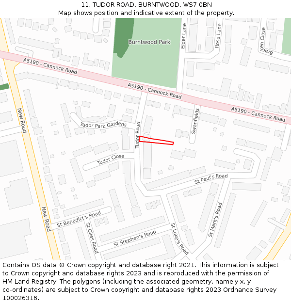 11, TUDOR ROAD, BURNTWOOD, WS7 0BN: Location map and indicative extent of plot