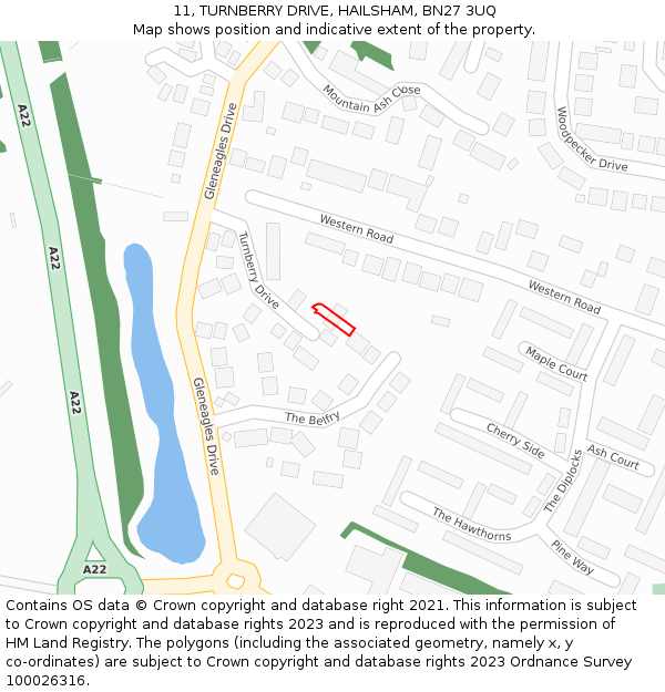 11, TURNBERRY DRIVE, HAILSHAM, BN27 3UQ: Location map and indicative extent of plot