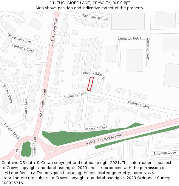 11, TUSHMORE LANE, CRAWLEY, RH10 8JZ: Location map and indicative extent of plot