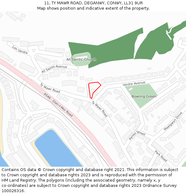 11, TY MAWR ROAD, DEGANWY, CONWY, LL31 9UR: Location map and indicative extent of plot