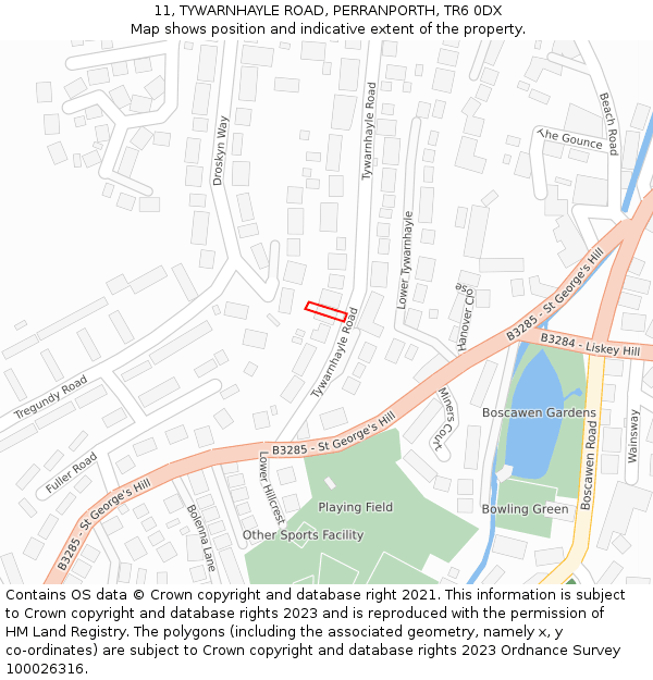 11, TYWARNHAYLE ROAD, PERRANPORTH, TR6 0DX: Location map and indicative extent of plot