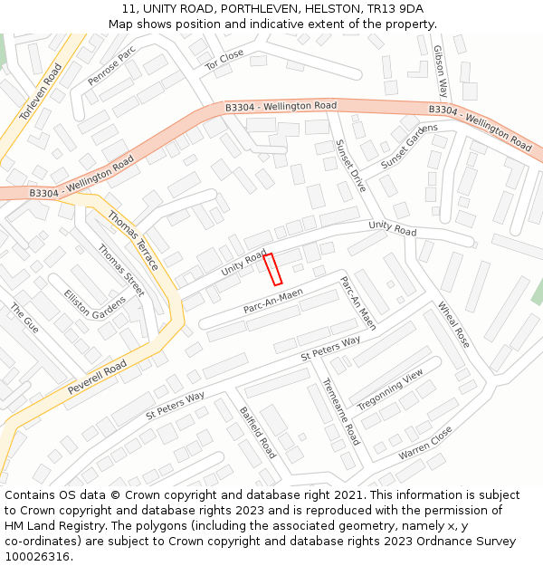 11, UNITY ROAD, PORTHLEVEN, HELSTON, TR13 9DA: Location map and indicative extent of plot