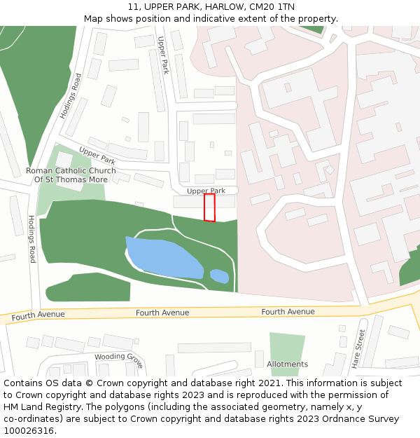 11, UPPER PARK, HARLOW, CM20 1TN: Location map and indicative extent of plot