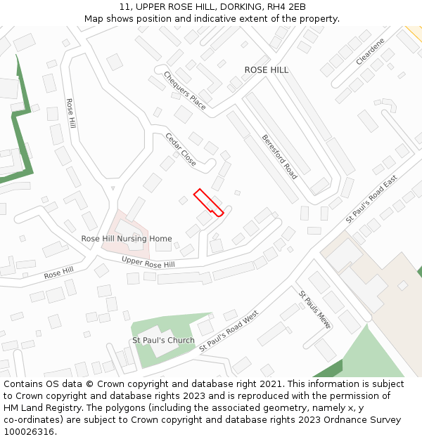 11, UPPER ROSE HILL, DORKING, RH4 2EB: Location map and indicative extent of plot