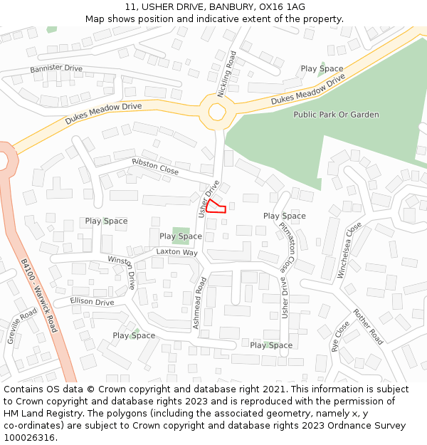 11, USHER DRIVE, BANBURY, OX16 1AG: Location map and indicative extent of plot