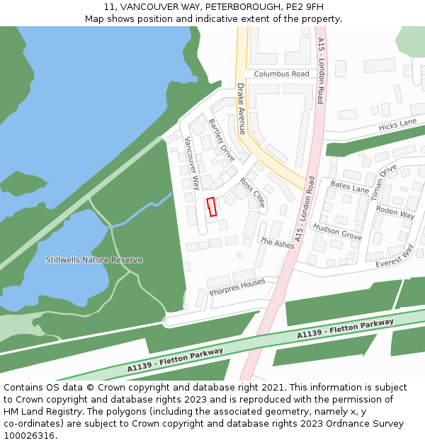 11, VANCOUVER WAY, PETERBOROUGH, PE2 9FH: Location map and indicative extent of plot