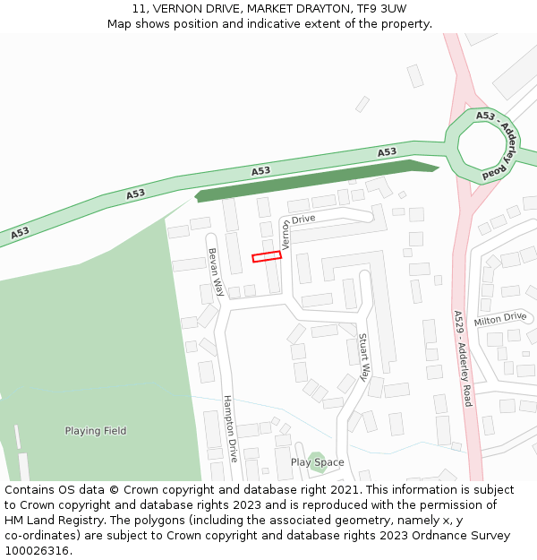 11, VERNON DRIVE, MARKET DRAYTON, TF9 3UW: Location map and indicative extent of plot