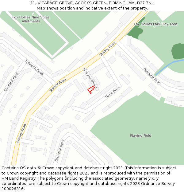 11, VICARAGE GROVE, ACOCKS GREEN, BIRMINGHAM, B27 7NU: Location map and indicative extent of plot