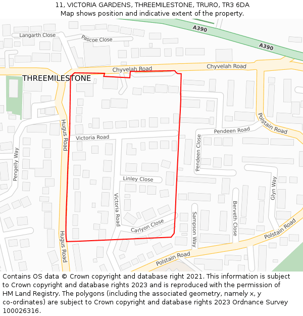 11, VICTORIA GARDENS, THREEMILESTONE, TRURO, TR3 6DA: Location map and indicative extent of plot