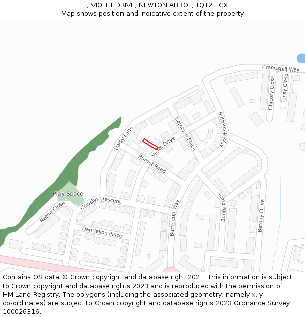11, VIOLET DRIVE, NEWTON ABBOT, TQ12 1GX: Location map and indicative extent of plot