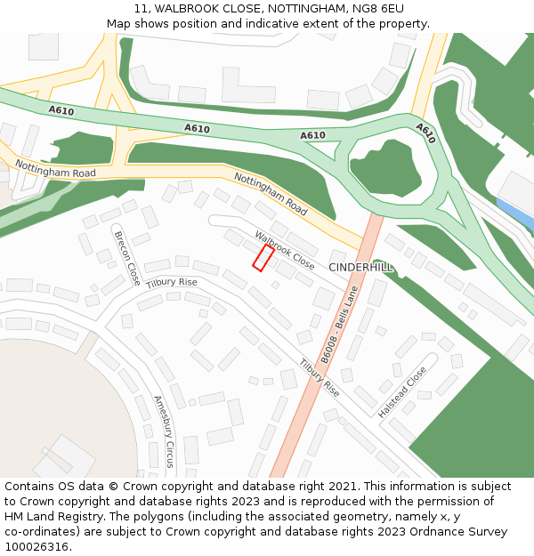 11, WALBROOK CLOSE, NOTTINGHAM, NG8 6EU: Location map and indicative extent of plot