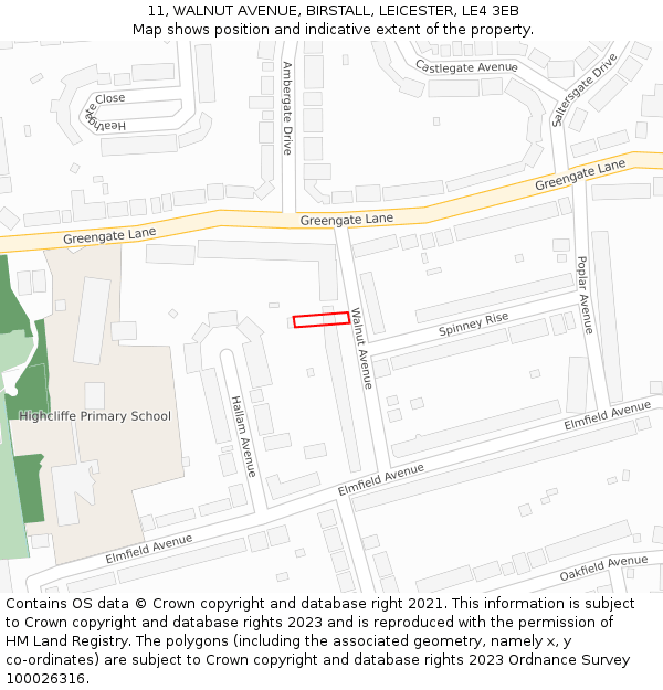 11, WALNUT AVENUE, BIRSTALL, LEICESTER, LE4 3EB: Location map and indicative extent of plot