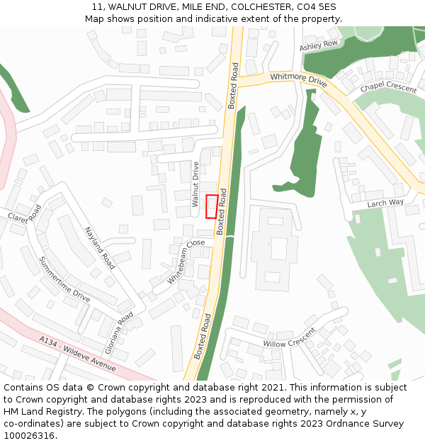 11, WALNUT DRIVE, MILE END, COLCHESTER, CO4 5ES: Location map and indicative extent of plot