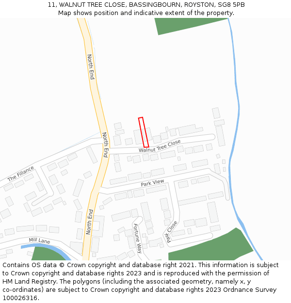 11, WALNUT TREE CLOSE, BASSINGBOURN, ROYSTON, SG8 5PB: Location map and indicative extent of plot