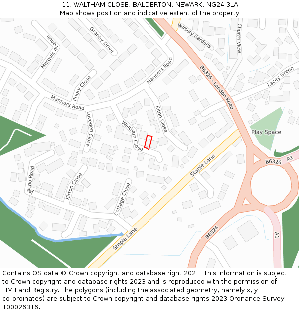 11, WALTHAM CLOSE, BALDERTON, NEWARK, NG24 3LA: Location map and indicative extent of plot