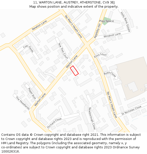 11, WARTON LANE, AUSTREY, ATHERSTONE, CV9 3EJ: Location map and indicative extent of plot