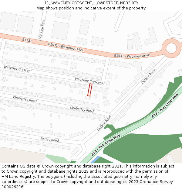 11, WAVENEY CRESCENT, LOWESTOFT, NR33 0TY: Location map and indicative extent of plot