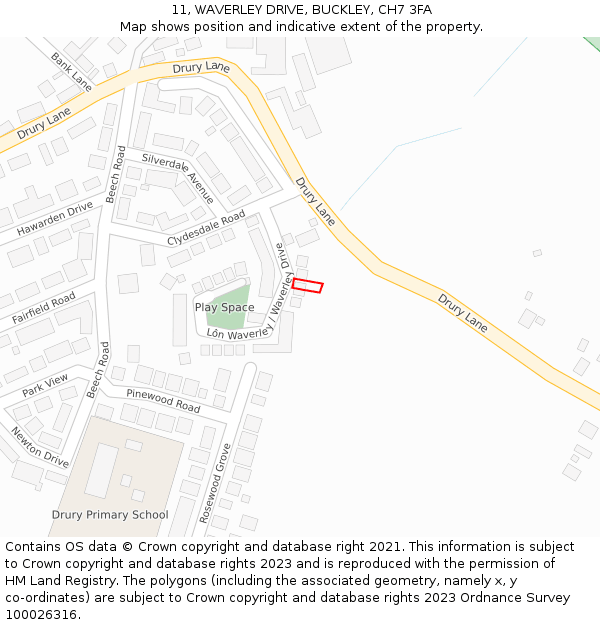 11, WAVERLEY DRIVE, BUCKLEY, CH7 3FA: Location map and indicative extent of plot