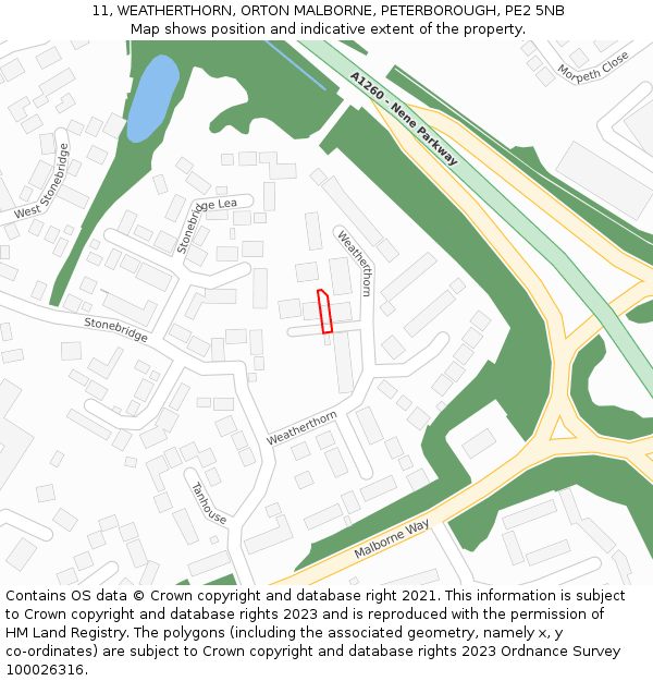 11, WEATHERTHORN, ORTON MALBORNE, PETERBOROUGH, PE2 5NB: Location map and indicative extent of plot