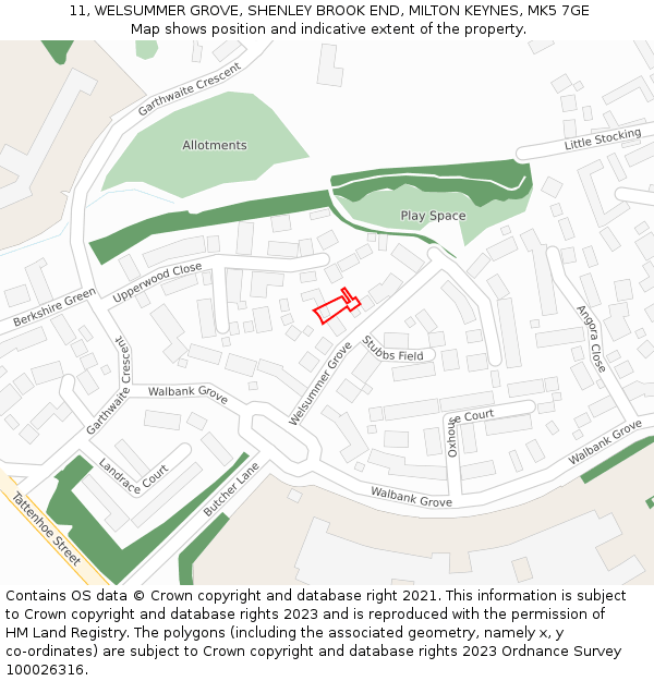 11, WELSUMMER GROVE, SHENLEY BROOK END, MILTON KEYNES, MK5 7GE: Location map and indicative extent of plot