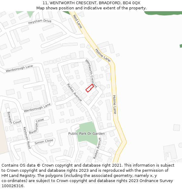 11, WENTWORTH CRESCENT, BRADFORD, BD4 0QX: Location map and indicative extent of plot