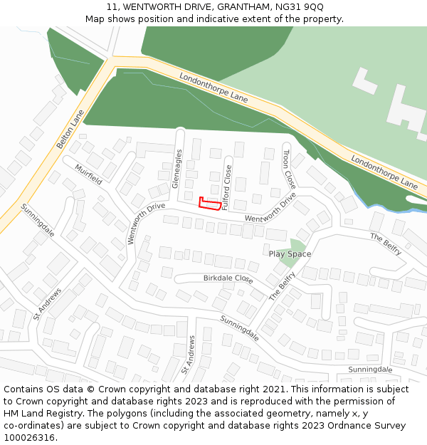 11, WENTWORTH DRIVE, GRANTHAM, NG31 9QQ: Location map and indicative extent of plot