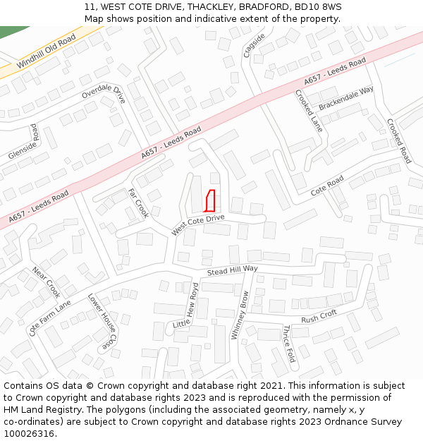 11, WEST COTE DRIVE, THACKLEY, BRADFORD, BD10 8WS: Location map and indicative extent of plot