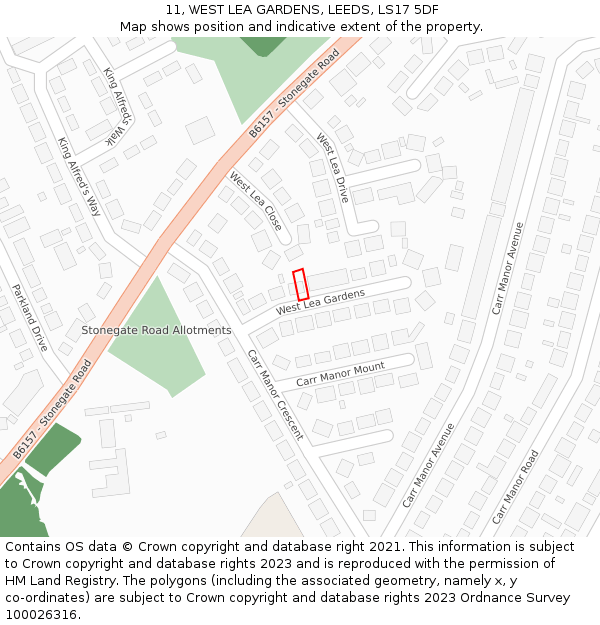 11, WEST LEA GARDENS, LEEDS, LS17 5DF: Location map and indicative extent of plot