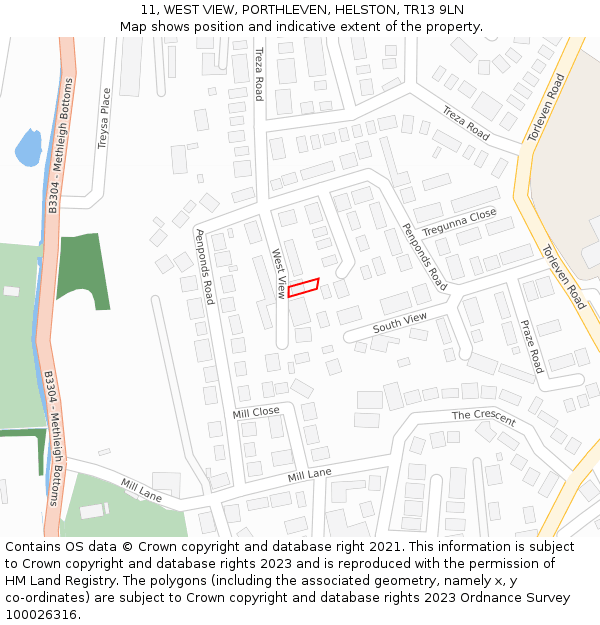 11, WEST VIEW, PORTHLEVEN, HELSTON, TR13 9LN: Location map and indicative extent of plot