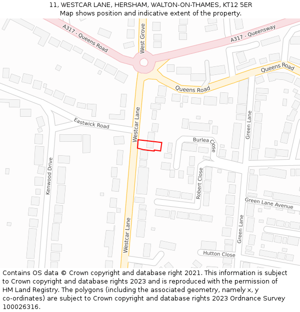 11, WESTCAR LANE, HERSHAM, WALTON-ON-THAMES, KT12 5ER: Location map and indicative extent of plot