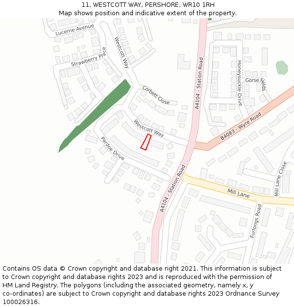 11, WESTCOTT WAY, PERSHORE, WR10 1RH: Location map and indicative extent of plot