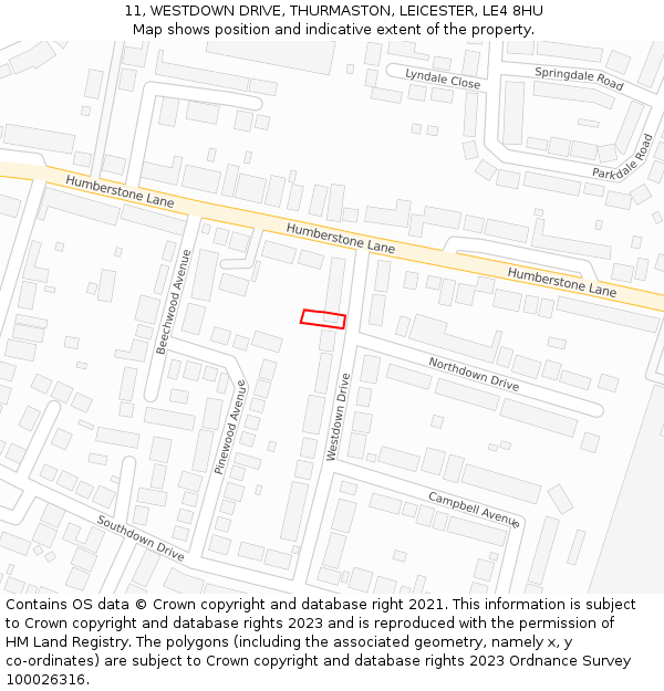 11, WESTDOWN DRIVE, THURMASTON, LEICESTER, LE4 8HU: Location map and indicative extent of plot