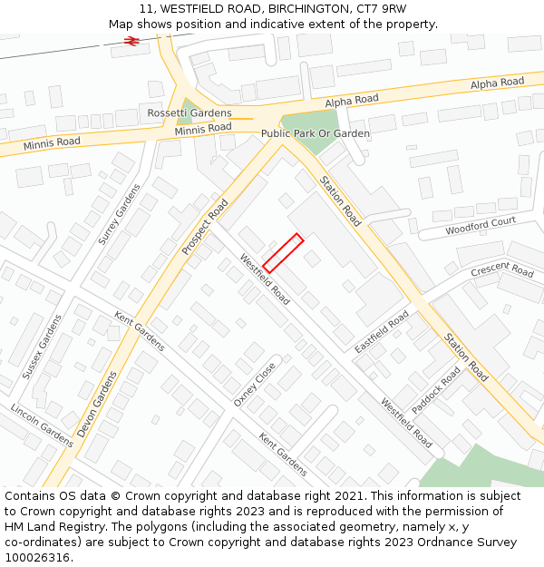 11, WESTFIELD ROAD, BIRCHINGTON, CT7 9RW: Location map and indicative extent of plot