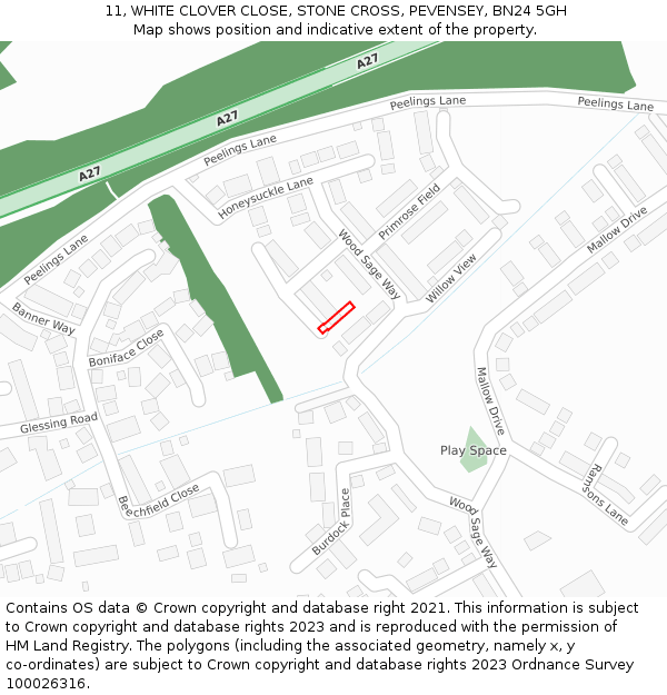 11, WHITE CLOVER CLOSE, STONE CROSS, PEVENSEY, BN24 5GH: Location map and indicative extent of plot