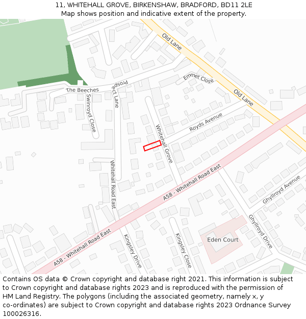 11, WHITEHALL GROVE, BIRKENSHAW, BRADFORD, BD11 2LE: Location map and indicative extent of plot