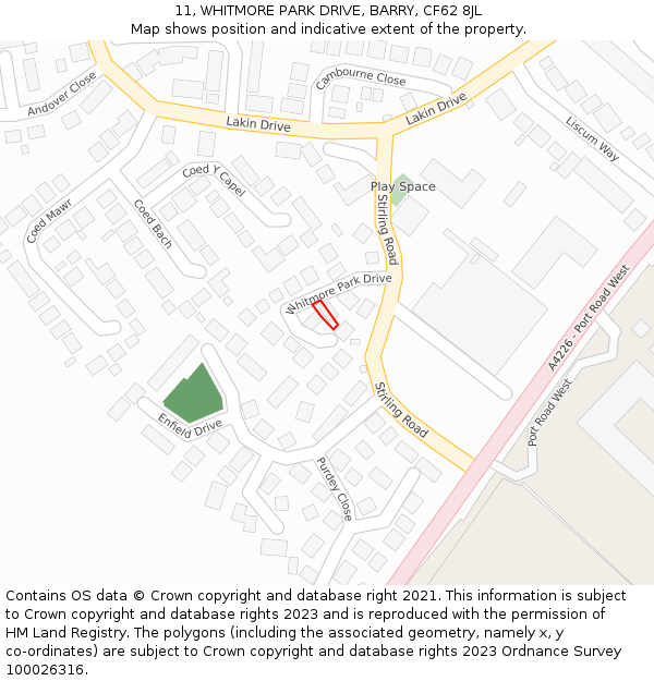 11, WHITMORE PARK DRIVE, BARRY, CF62 8JL: Location map and indicative extent of plot