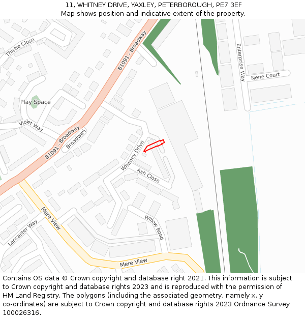 11, WHITNEY DRIVE, YAXLEY, PETERBOROUGH, PE7 3EF: Location map and indicative extent of plot