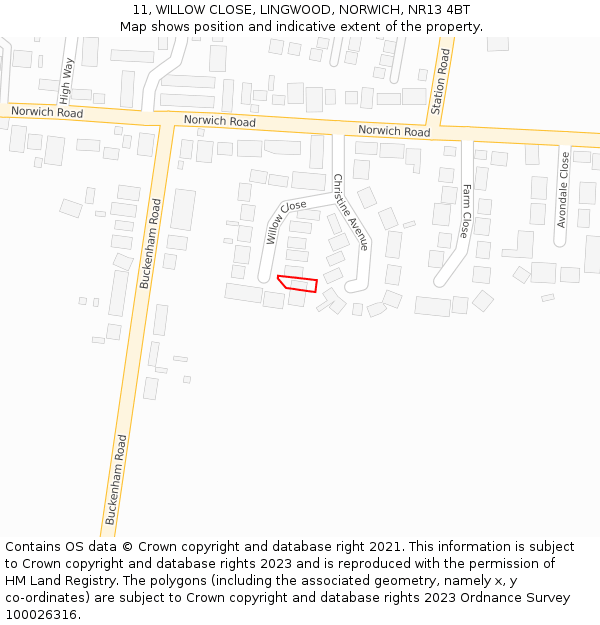 11, WILLOW CLOSE, LINGWOOD, NORWICH, NR13 4BT: Location map and indicative extent of plot
